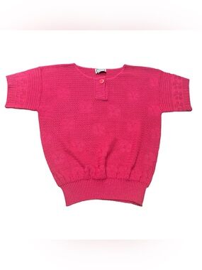 Vintage Kenneth Too Pink Pointelle Knit short sleeve sweater top flower Size S/M